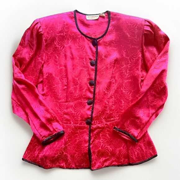 VTG Jack Mulqueen Silk Blouse Peplum Pink Print Black Button Up Womens Size 14 - Picture 6 of 12